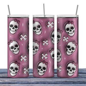 Pink bow and bones skeleton puffy paint style tumbler. Hot or cold 20oz stainles